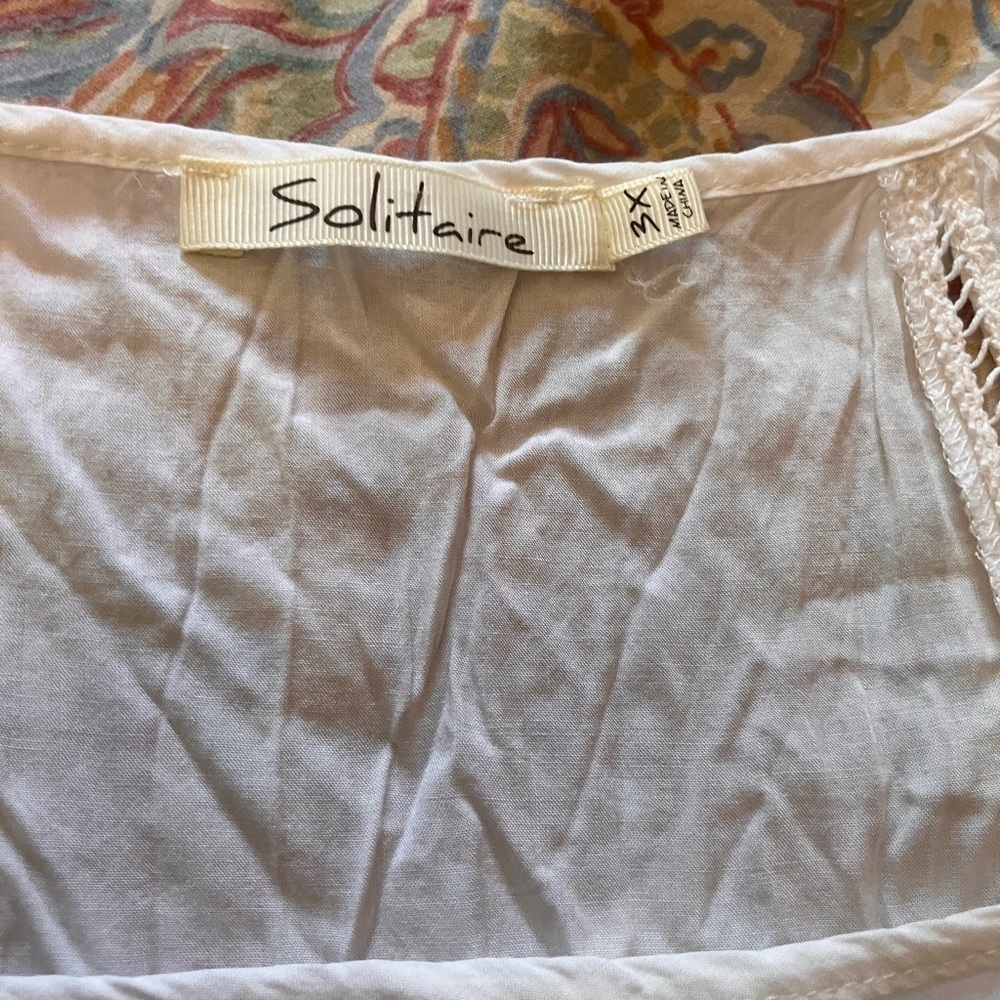Solitaire rayon top w/ cotton crochet trim, BoHo flare sleeve & lace peek a boo - Picture 9 of 13